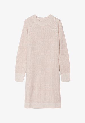 Vestido de suéter de punto en rosa claro, con escote redondo, mangas largas, puños acanalados y detalle de tres botones en el hombro.