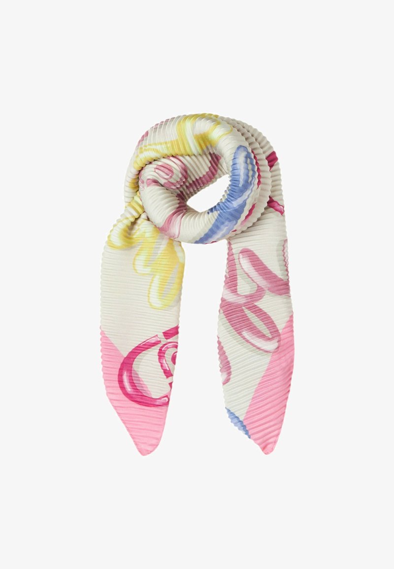 Écharpe en soie avec un design abstrait coloré en jaune, rose et bleu. Elle présente une surface texturée plissée et une pointe triangulaire.