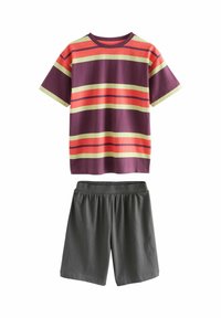Gestreepte T-shirt met korte mouwen in paars, oranje en groen, met bijpassende grijze shorts. Zachte stof; ontspannen pasvorm; rekbare taille op de shorts.