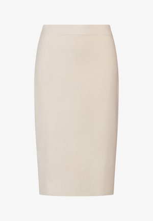 Beige Bleistiftrock mit glatter Textur, knielangem Design und enganliegender Silhouette; verfügt über einen einfachen Bund und keine sichtbaren Verschlüsse.