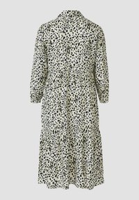 Abito a maniche lunghe con colletto, caratterizzato da una stampa leopardata nera su sfondo crema, design a strati e dettaglio in vita arricciato.