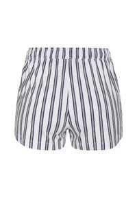 Gestreifte Baumwollshorts mit elastischem Bund. Mit vertikalen marineblauen Streifen auf weißem Hintergrund, lockerer Passform und weicher Textur.