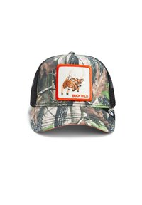 Camo baseball cap featuring a black mesh back, a rectangular patch with a deer illustration, and "BUCK WILD" text in orange.