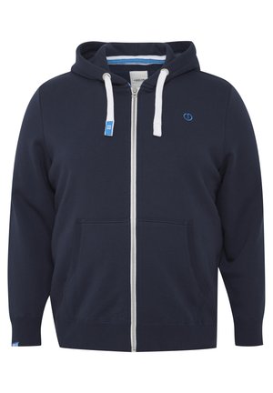 Marineblå zip-hættetrøje lavet af bomuldsblanding. Har hvide snore, forlommer, ribbede manchetter og et lille logo på brystet.