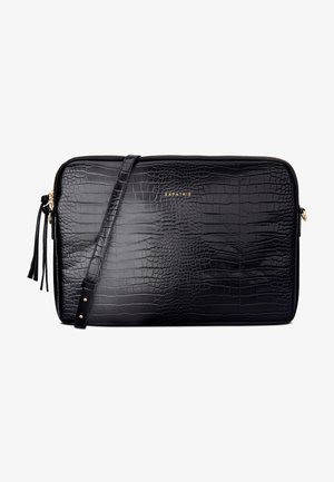 Black crocodile-patterned leather bag with a rectangular shape, gold hardware, zip closure, and an adjustable strap. Brand name embossed.