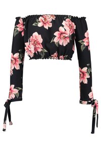 Svart avklippt topp utan axlar med rosa blommönster, långa ärmar, elastisk midja och knytningar vid ärmöppningarna. Mjuk tygstruktur.