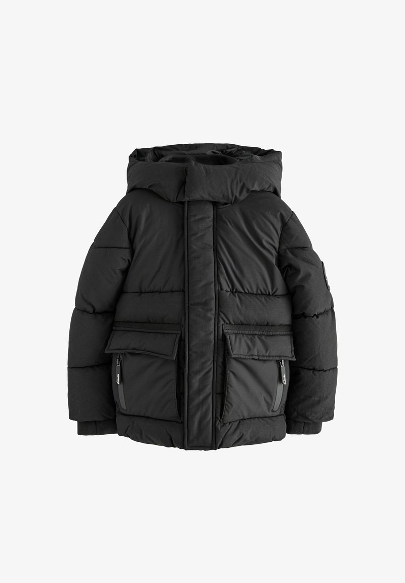 Giacca a vento nera imbottita con cappuccio, design trapuntato, tasche laterali con zip e due tasche anteriori con patta. Tessuto resistente con una texture liscia.