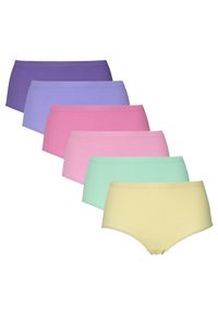 Zes paar hoge katoenen slips in paars, lichtpaars, roze, muntgroen en geel, met een zachte ribbelstructuur en een elastische tailleband.