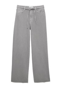 Jean large gris avec taille à cordon de serrage, poches avant et passants de ceinture, posé à plat sur un fond blanc.