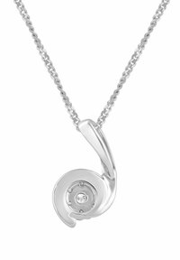 Hõbedast kaelakee, millel keerlev ripats läikiva viimistluse ja keskel oleva läbipaistva kiviga, rippumas tekstuurse kettedel.