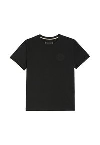 Czarny bawełniany T-shirt z okrągłym dekoltem, krótkimi rękawami i subtelnym haftowanym logo na lewej piersi. Gładka tekstura.