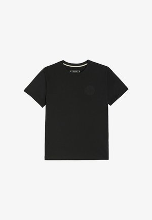 Czarny bawełniany T-shirt z okrągłym dekoltem, krótkimi rękawami i subtelnym haftowanym logo na lewej piersi. Gładka tekstura.