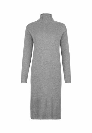 Grå strikket turtleneck kjole med lange ærmer, ribkantet manchetter og ribkantet kant. Stoffet virker blødt og let.