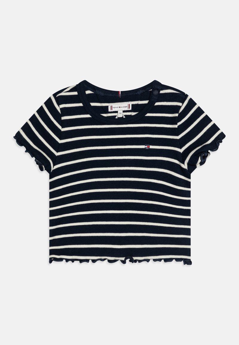 Maglietta a maniche corte per bambini con strisce blu navy e bianche, collo rotondo, bordi arricciati e piccolo logo sul petto.