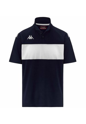 Polo shirt navy con una striscia orizzontale bianca. Realizzato in cotone, presenta un colletto, una chiusura a tre bottoni e logo ricamato sulle maniche.