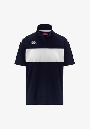 Polo shirt bleu marine avec une rayure horizontale blanche. Fabriqué en coton, avec un col, une patte de boutonnage à trois boutons et un logo brodé sur les manches.