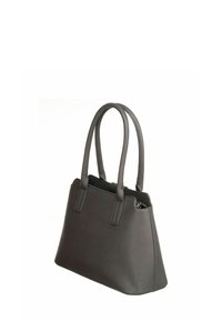 Sac cabas en cuir gris avec deux anses longues, une forme structurée, une surface texturée et une poche zippée sur le côté.