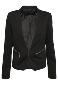 Veste noire cintrée, tissu lisse, revers crantés et deux poches avant zippées. Intérieur doublé de satin foncé.