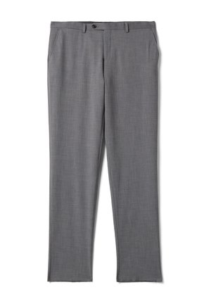 Pantaloni formali grigi con chiusura con bottone e cerniera, passanti per cintura e tasche laterali, mostrati su sfondo bianco.