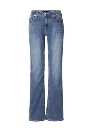 Vaqueros acampanados de mezclilla azul con cierre de cremallera y botón, cinco bolsillos, y un ligero desgaste. Presentan costuras en contraste y un diseño de pierna recta.