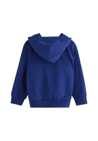 Felpa blu con cappuccio, tasca a marsupio, polsini ed orlo elasticizzati, realizzata in tessuto morbido. Tessitura liscia senza motivi visibili.