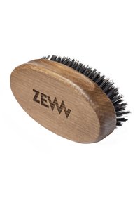 Houten haarborstel met een ovale vorm, bruine afwerking en zwarte haren. Bevat het gegraveerde "ZEWW" logo op de handgreep.