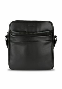 Schwarze Leder-Umhängetasche mit glatter Oberfläche, kontrastierendem geripptem Akzent auf der Vorderbl pocket und verstellbarem Schultergurt.