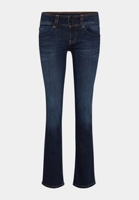 Tmavě modré džínové kalhoty se slim fit a mírným rozšířením na spodní části. Obsahují standardní zapínání na knoflík a přední kapsy s viditelným šitím.