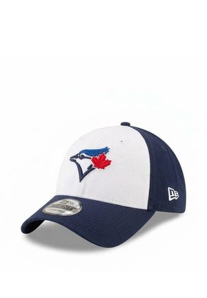 Baseball cap with white front and navy blue sides and brim, featuring a blue jay and red maple leaf logo on front.