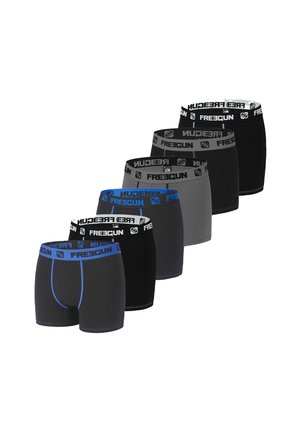 Cinq paires de boxers en tissus noir et gris. Caractéristiques : une ceinture large et marquée dans des teintes de bleu et noir.
