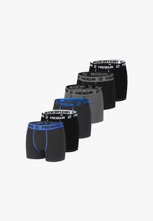 Cinq paires de boxers en tissus noir et gris. Caractéristiques : une ceinture large et marquée dans des teintes de bleu et noir.
