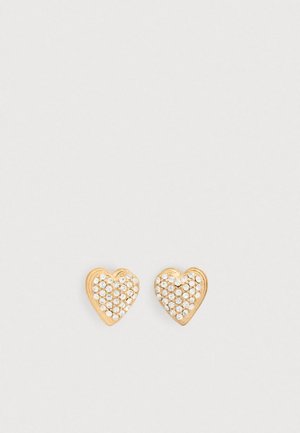 Gold-tone heart-shaped earrings adorned with clear rhinestones, featuring a textured surface and polished edges.