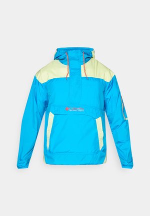 Bright blue pullover jacket with a hood, featuring lime green accents, adjustable cord, and front pocket. Made from lightweight, water-resistant material.