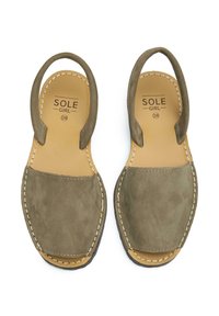 Green suede sandals with a backless design, featuring a smooth upper and stitched accents. Stamped "SOLE GIRL" on the insole. Size 38.