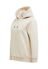 Felpa con cappuccio beige, dotata di tasca frontale, chiusura con coulisse, polsini a costine e una texture di tessuto morbido. Presenta il logo sul petto.