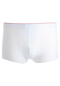 Białe slipki wykonane z gładkiego materiału, z płaskim paskiem w talii z wytłoczonym napisem "HENDERSON" i kontrastującą czerwoną krawędzią.