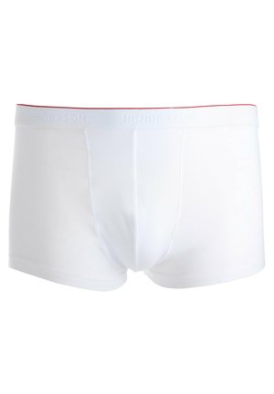 White boxer briefs made of smooth fabric, featuring a flat waistband with "HENDERSON" embossed and a contrasting red edge.