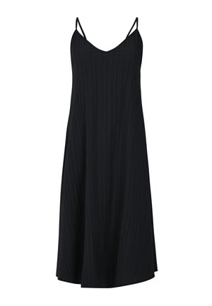 Vestido negro sin mangas con un escote en V profundo, textura de canalé vertical y tirantes finos ajustables. Silueta A-line fluida.