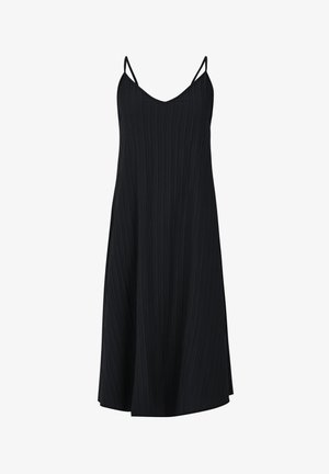 Crna haljina bez rukava s dubokim V-izrezom, vertikalnom rebrastom teksturom i podesivim trakicama. Lepršavi A-silueta.