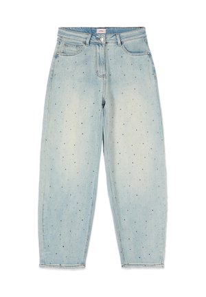 Jean taille haute bleu clair avec jambes fuselées, poches avant et arrière, fermeture par bouton, et petites strass dispersés en décoration.