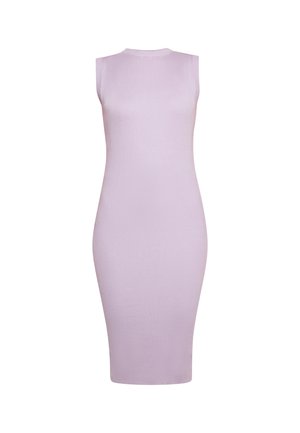 Bezramiona midi sukienka w prążki w jasnym lawendowym kolorze. Dopasowana sylwetka z okrągłym dekoltem i gładką teksturą. Brak widocznych wzorów lub akcentów.