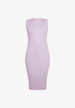Bezramiona midi sukienka w prążki w jasnym lawendowym kolorze. Dopasowana sylwetka z okrągłym dekoltem i gładką teksturą. Brak widocznych wzorów lub akcentów.