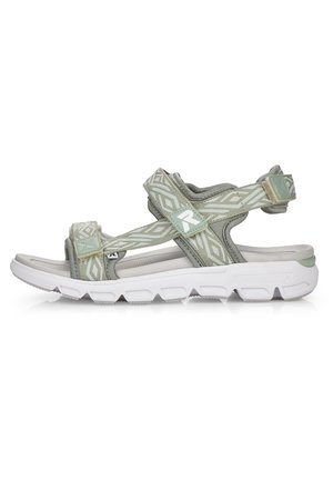 Light green sport sandal with patterned straps, adjustable closures, cushioned footbed, and a white rubber sole. Features a geometric design.