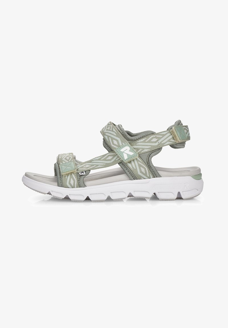 Light green sport sandal with patterned straps, adjustable closures, cushioned footbed, and a white rubber sole. Features a geometric design.