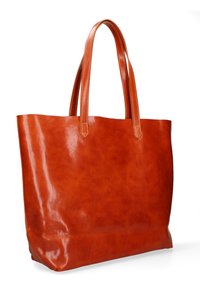 Borsa tote in pelle con una finitura arancione bruciata lucida, caratterizzata da due manici robusti e un design minimalista senza ulteriori decorazioni.