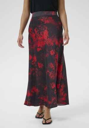 Maxi-Rock mit dunklem Grundton und kräftigen roten Blumenmustern, aus glattem Material, mit einem taillierten Bund und einer fließenden, A-Linien-Silhouette.