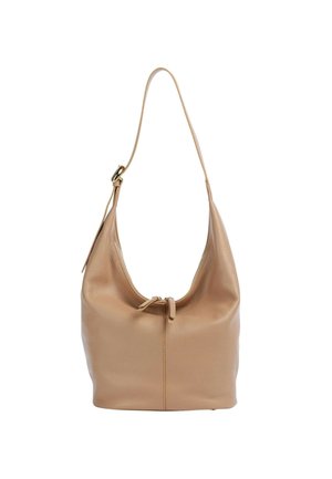 Borsa hobo in pelle tan con una sola tracolla, texture morbida, forma arrotondata e chiusura a coulisse nella parte superiore per un accesso sicuro.