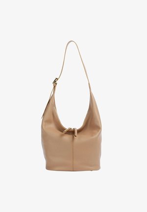 Borsa hobo in pelle tan con una sola tracolla, texture morbida, forma arrotondata e chiusura a coulisse nella parte superiore per un accesso sicuro.
