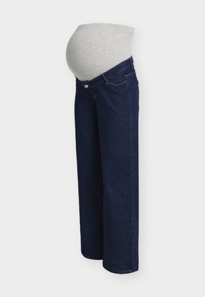 Jean de maternité bleu foncé avec une ceinture gris extensible conçue pour accueillir un ventre de femme enceinte.
