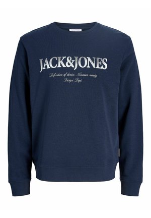 Mørkeblå sweatshirt med lange ærmer med "JACK & JONES" logo og mindre kursiv tekst "Definition of denim Nineteen ninety Design Dept." på fronten.